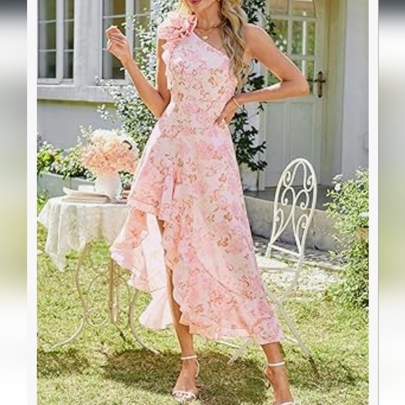 Elegant Pink Floral Hi Low One-Shoulder Dress NWT - Picture 5 of 16